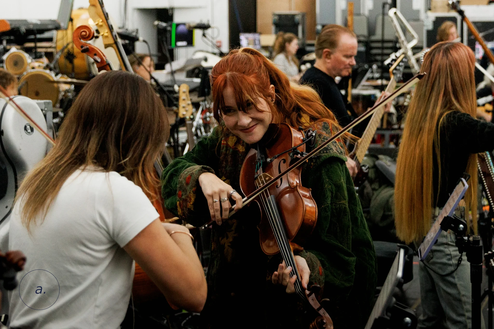 Violinist during Hans Zimmer rehearsal, London, photographed by Campbell Jensen