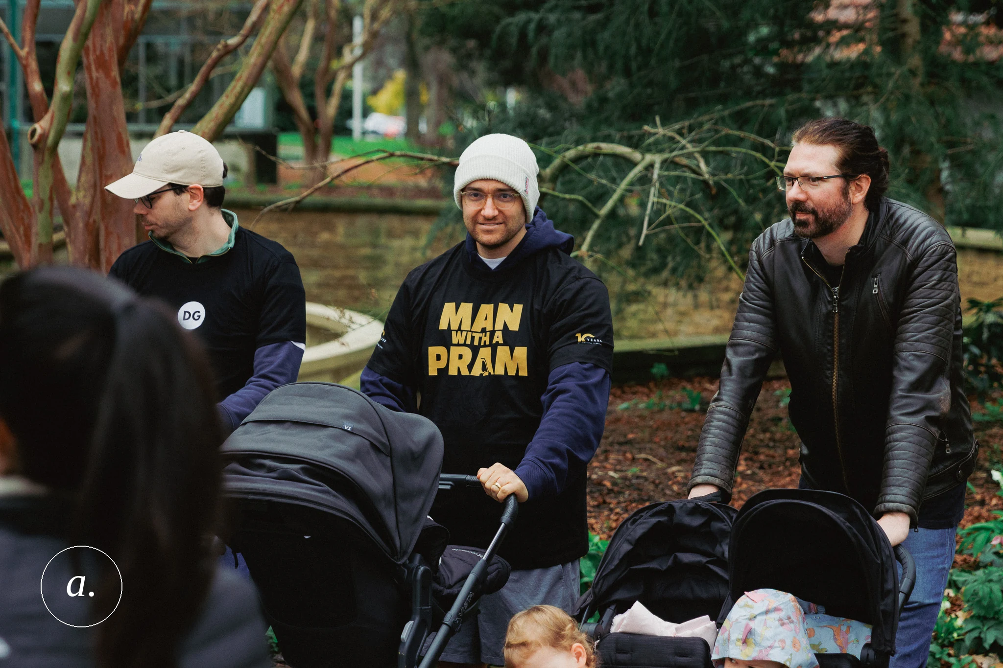 Dads Group members gathered before the Man with a Pram walk, photographed by Campbell Jensen