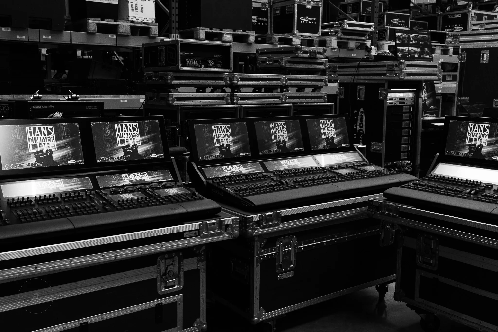 Lighting consoles prepared for the Hans Zimmer production, Neg Earth Lights, London, photographed by Campbell Jensen